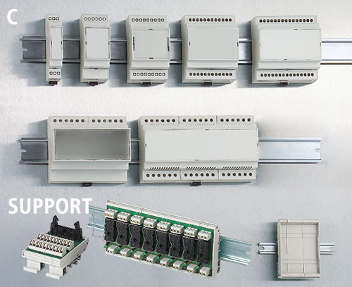 Modular DIN rail enclosures and PCB holders Modular DIN rail enclosures and PCB holders
